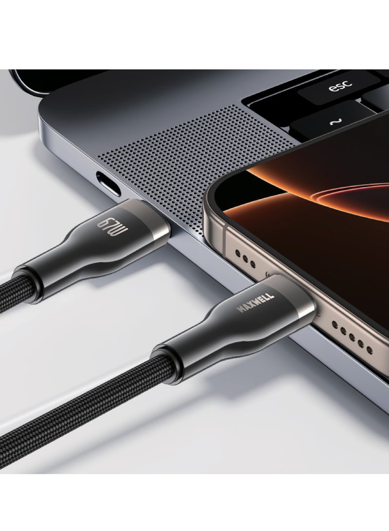 ماكسويل للالكترونيات كابل ماكسويل توربو لاين سيريز USB-C إلى USB-C للشحن السريع 67W (1.2 متر)، متوافق مع iPhone 16 Pro Max، Samsung Galaxy S25، iPhone 15 Pro Max، وغيرها. كابل محبوك من النايلون للشحن السريع 67W ونقل البيانات - Image 3