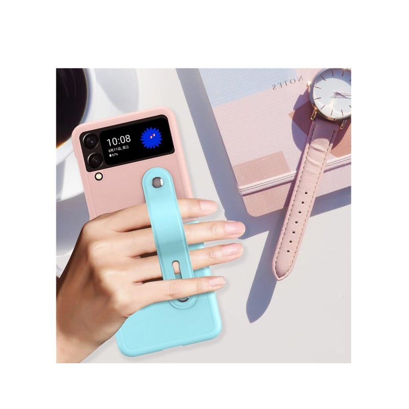 SOLARAE Mobile Phone Protective Case,  for Z Flip 3 5G 2021 with Hand Strap Cover PU Leather Compatible with Fit for Samsung Galaxy Z Flip 3 5G Case Wristband Plastic PC (Pink Blue) - Image 3