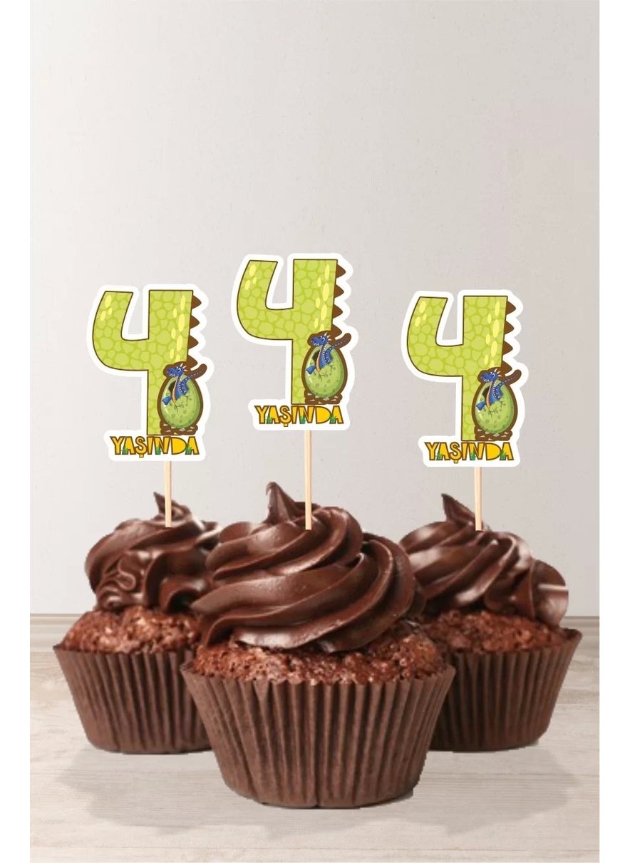 Neşeli Günlerim Happy Days Dinosaur Themed * 4 (Four) Years Old Cupcake Decoration '10LU 