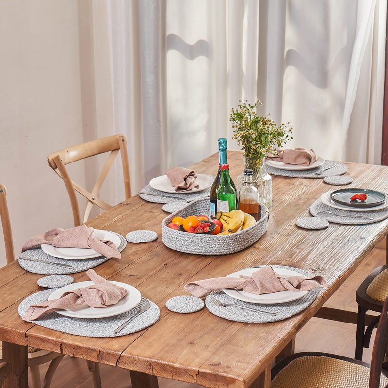 ART pinecone Placemats Set of 6 Oval â€“ Woven Boho Farmhouse Table Mats for Dining Table for 6, Kitchen Decor, Washable and Handmade Rustic Table Accessories (Oval Plus, Gray Mixed) - Image 2
