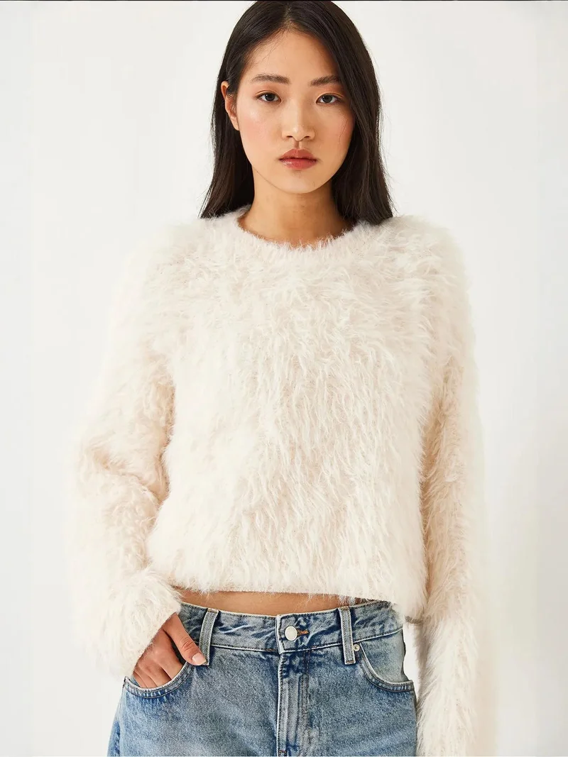 Bianco Lucci Dusty White LUCCI Textured Crew Neck Crop Sweater with Plush Detail for Women | Best Price UAE