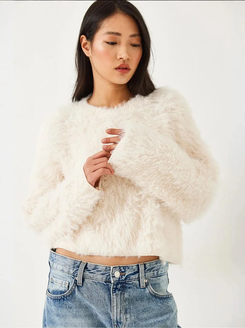 Bianco Lucci Dusty White LUCCI Textured Crew Neck Crop Sweater with Plush Detail for Women | Best Price UAE