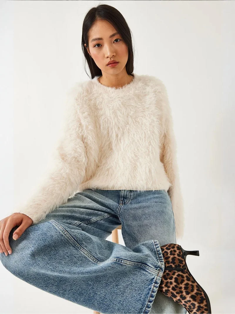 Bianco Lucci Dusty White LUCCI Textured Crew Neck Crop Sweater with Plush Detail for Women | Best Price UAE