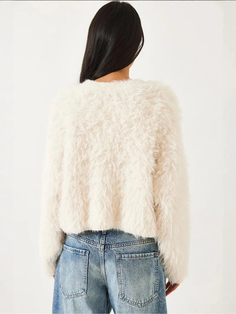 Bianco Lucci Dusty White LUCCI Textured Crew Neck Crop Sweater with Plush Detail for Women | Best Price UAE