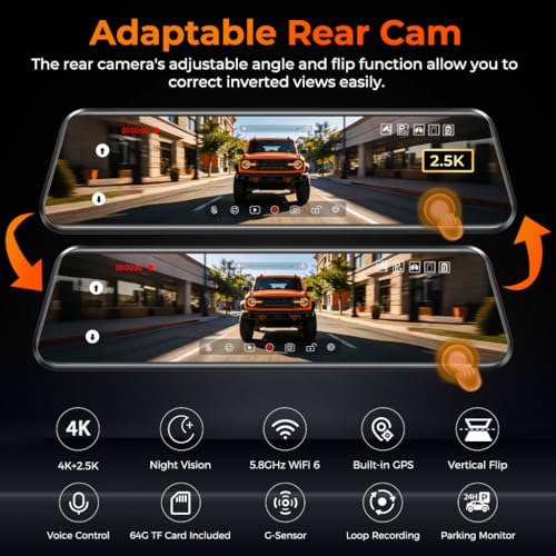 LINGDU 12" Mirror Dash Cam, 4K UHD Front and 2.5K Rear View Dash Camera for Car, with ADAS BSD LCA Smart Mode, GPS, G-Sensor, Loop Recording, Parking Monitor, Voice Control, 5.8GHz WiFi - Image 2