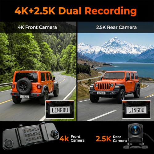 LINGDU 12" Mirror Dash Cam, 4K UHD Front and 2.5K Rear View Dash Camera for Car, with ADAS BSD LCA Smart Mode, GPS, G-Sensor, Loop Recording, Parking Monitor, Voice Control, 5.8GHz WiFi - Image 3