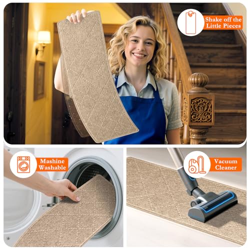 DailyCuddles Stair Treads for Wooden Steps 15 PCS - 8’’ x 30’’, Non Slip Stair Runner, Machine Washable Stair Rugs Strips for Kids Pets and Elderly, Indoor Carpet for Stairs (Khaki) - Image 5
