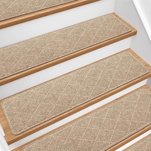 DailyCuddles Stair Treads for Wooden Steps 15 PCS - 8’’ x 30’’, Non Slip Stair Runner, Machine Washable Stair Rugs Strips for Kids Pets and Elderly, Indoor Carpet for Stairs (Khaki) - Image 1