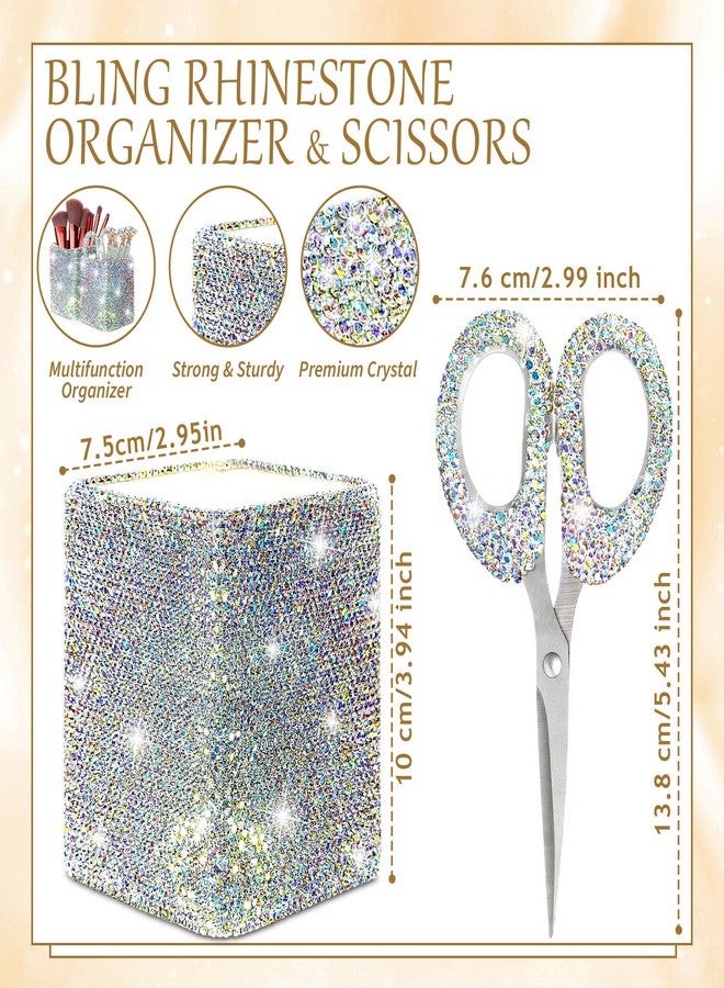 Qilery 8 Pcs Bling Desk Accessories Gift with 1 Bling Pen Holder 6 Pcs Crystal Rhinestone Pens 1 Crystal Scissors Glitter Makeup Brush Holder Valentines Gift Vanity Decor Organizer(Multicolor) - Image 2