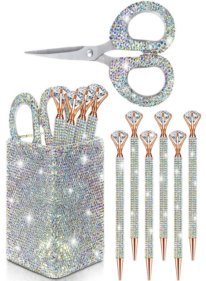 Qilery 8 Pcs Bling Desk Accessories Gift with 1 Bling Pen Holder 6 Pcs Crystal Rhinestone Pens 1 Crystal Scissors Glitter Makeup Brush Holder Valentines Gift Vanity Decor Organizer(Multicolor) - Image 1