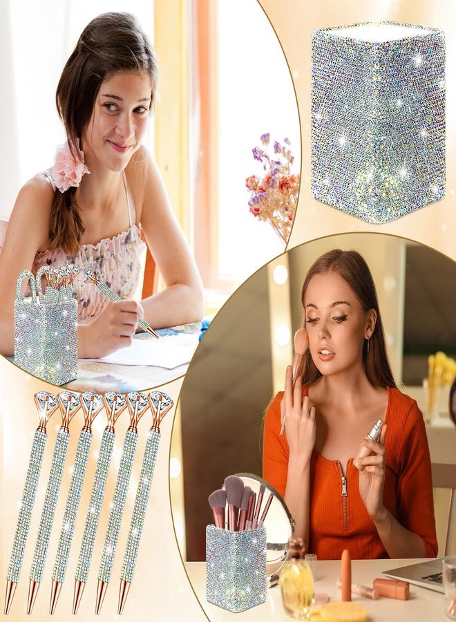 Qilery 8 Pcs Bling Desk Accessories Gift with 1 Bling Pen Holder 6 Pcs Crystal Rhinestone Pens 1 Crystal Scissors Glitter Makeup Brush Holder Valentines Gift Vanity Decor Organizer(Multicolor) - Image 5