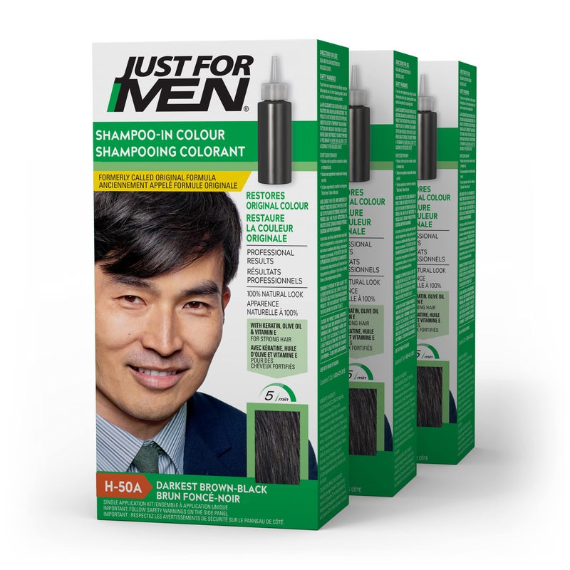 Just For Men Shampoo-In Color (Formerly Original Formula), Mens Hair Color with Keratin and Vitamin E for Stronger Hair - Darkest Brown-Black, H-50A, Pack of 3 - Image 1