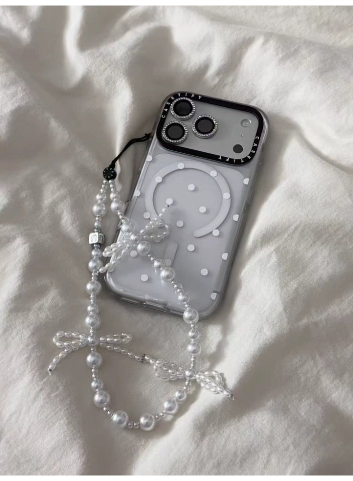 Casetify Pearl Bow Phone Charm Strap, White Faux Pearl Beaded Lanyard with 3 Mini Bowknot, Cute Fashion Decorative Phone Wrist Chain for Women - Image 3