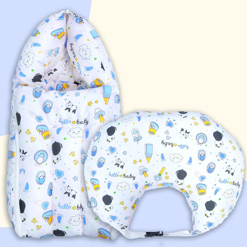 Infans Mini Baby Bedding Set Combo for New Born - Baby Sleeping Bag, Baby Feeding Pillow Ideal for 0 to 6 Months Babies (Panda Blue) - Image 1