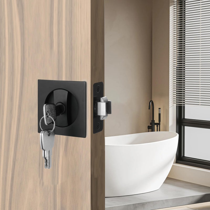 Malimali Pocket Door Lock With Key  Matte Black Pocket Door Hardware Square Door Lock For Privacy Sliding Door Bifold Door Locks Pocket Door Pull Handles Replacement Hardware - Image 5