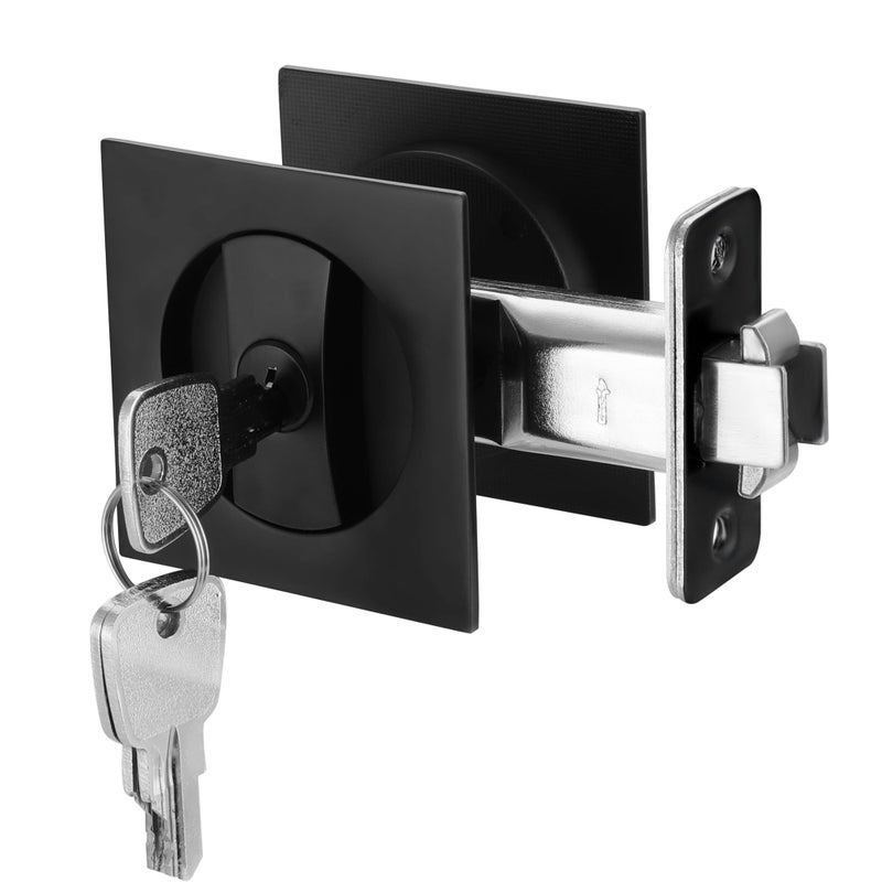Malimali Pocket Door Lock With Key  Matte Black Pocket Door Hardware Square Door Lock For Privacy Sliding Door Bifold Door Locks Pocket Door Pull Handles Replacement Hardware - Image 1