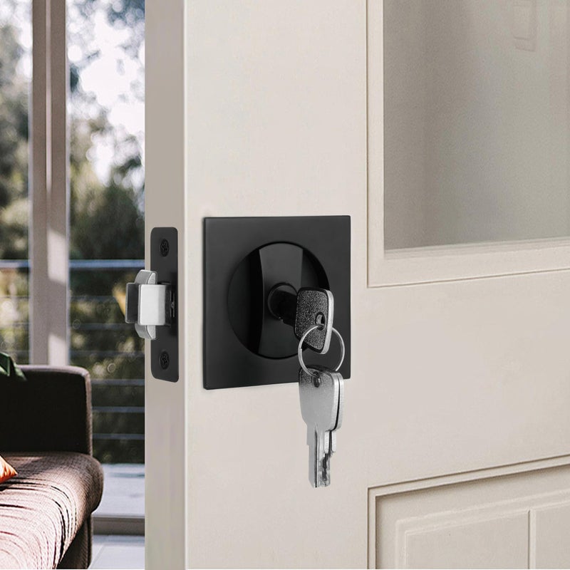 Malimali Pocket Door Lock With Key  Matte Black Pocket Door Hardware Square Door Lock For Privacy Sliding Door Bifold Door Locks Pocket Door Pull Handles Replacement Hardware - Image 4