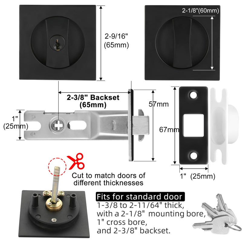 Malimali Pocket Door Lock With Key  Matte Black Pocket Door Hardware Square Door Lock For Privacy Sliding Door Bifold Door Locks Pocket Door Pull Handles Replacement Hardware - Image 2