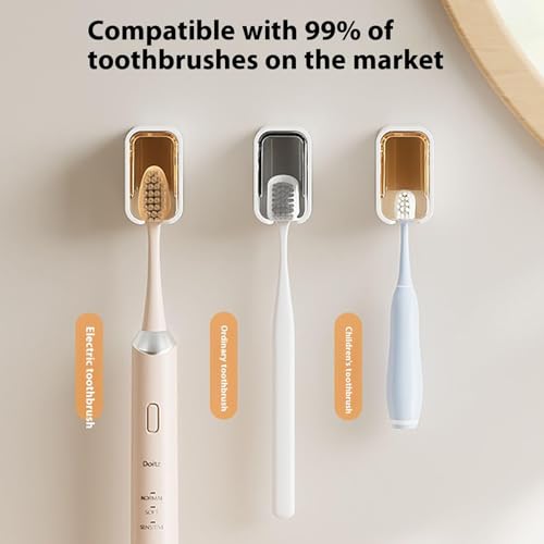 Jubobu Tooth Brush Holder Bathroom 2 PCS,Toothbrush Holder with Dustproof Cover & Clear Window,Removable Toothbrush Cover Wall Mount,Quick-dry,Self Adhesive Toothbrush Organizer for Kids,Family(Brown + Gray) - Image 3