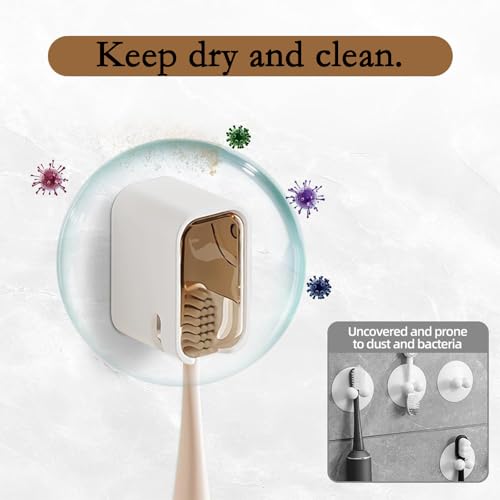 Jubobu Tooth Brush Holder Bathroom 2 PCS,Toothbrush Holder with Dustproof Cover & Clear Window,Removable Toothbrush Cover Wall Mount,Quick-dry,Self Adhesive Toothbrush Organizer for Kids,Family(Brown + Gray) - Image 5