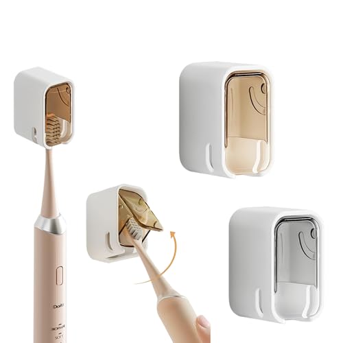 Jubobu Tooth Brush Holder Bathroom 2 PCS,Toothbrush Holder with Dustproof Cover & Clear Window,Removable Toothbrush Cover Wall Mount,Quick-dry,Self Adhesive Toothbrush Organizer for Kids,Family(Brown + Gray) - Image 1
