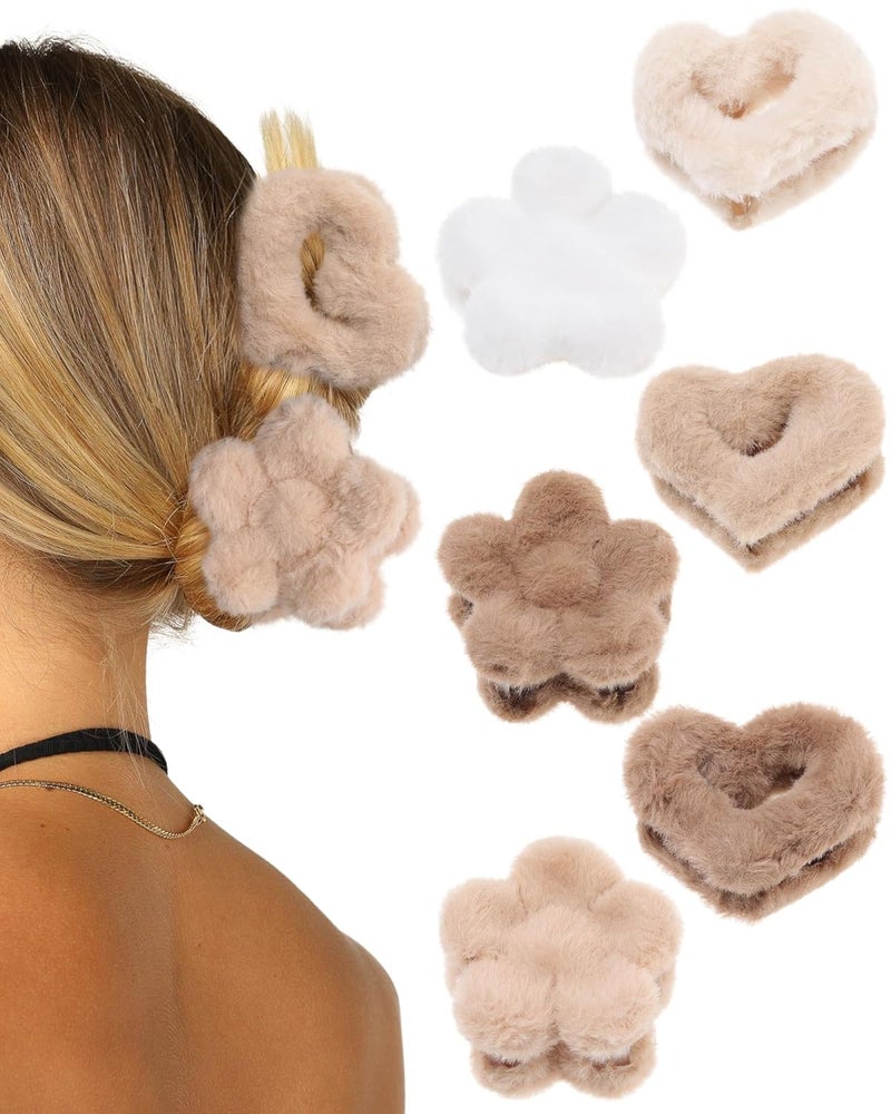Fluffy Plush Claw Clip for Hair 6 Pcs Cute Hair Clips for Women Fuzzy Hair Barrettes Girls Hair Jaw Clips Heart  Flower  BeigeBrownCoffee