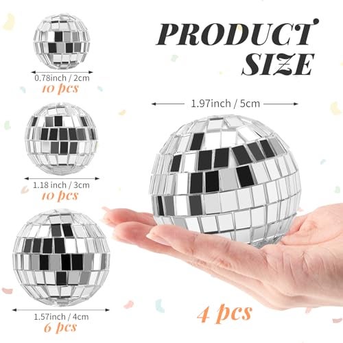 CLUEWR 30 PCS Disco Balls Cake Decoration, Small Silver Reflective Mirror Ball Disco Table Decor 70s Disco Themed Party Supplies for Festive, 4 Sizes - Image 2