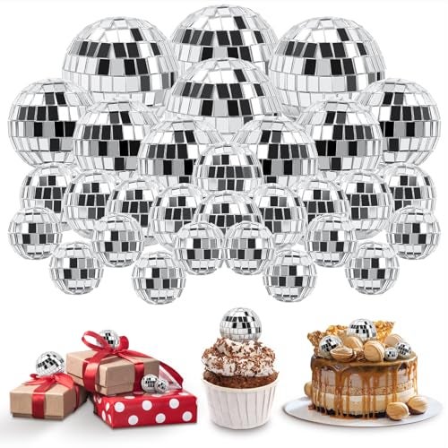 CLUEWR 30 PCS Disco Balls Cake Decoration, Small Silver Reflective Mirror Ball Disco Table Decor 70s Disco Themed Party Supplies for Festive, 4 Sizes - Image 1