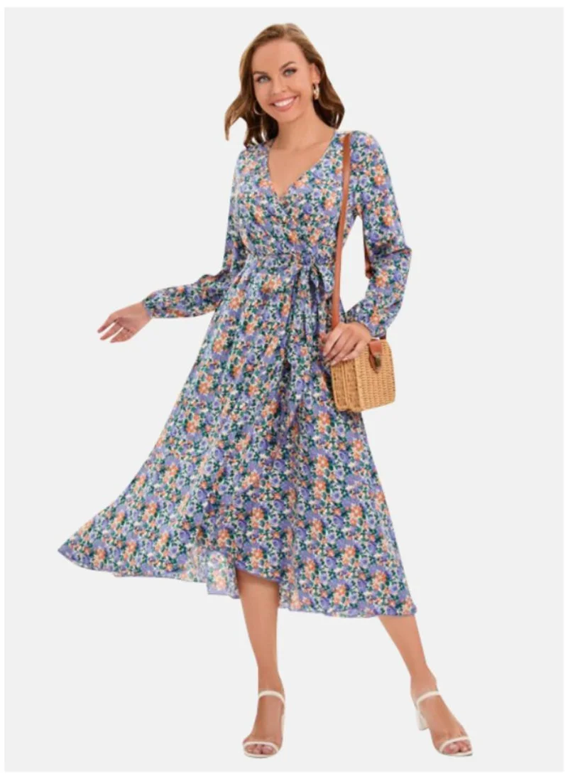 يونيكي Blue Floral Printed V-Neck Tie Up Wrap Dress