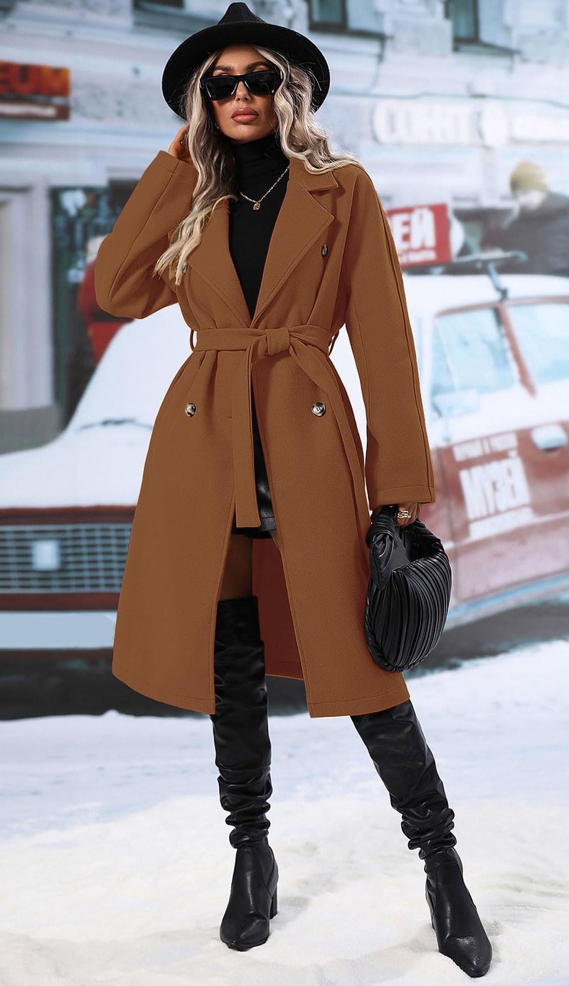 SAUKOLE Pea Coats for Women Double Breasted Wool Notch Lapel Winter Warm Belted Length Trench Coat Brown - Image 3