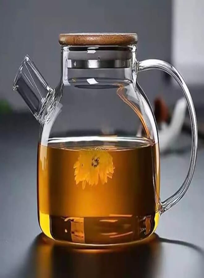 Ankul Borosilicate Round Glass Tea Pot with Heat Resistant Stainless Steel Infuser Perfect for Tea and Coffee Maker, Clear Glass Kettle (Wooden lid 1000ml)