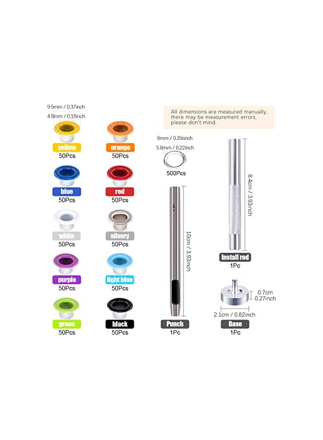 PROMASS promass 500 Sets Grommet Kit 3/16 Inch Grommet Setting Tool Metal Eyelets Set with 4 Pieces Install Tool Kit in Storage Box for Clothes Shoes Bag Paper Leather Crafts DIY Projects (10 Colors) - Image 2