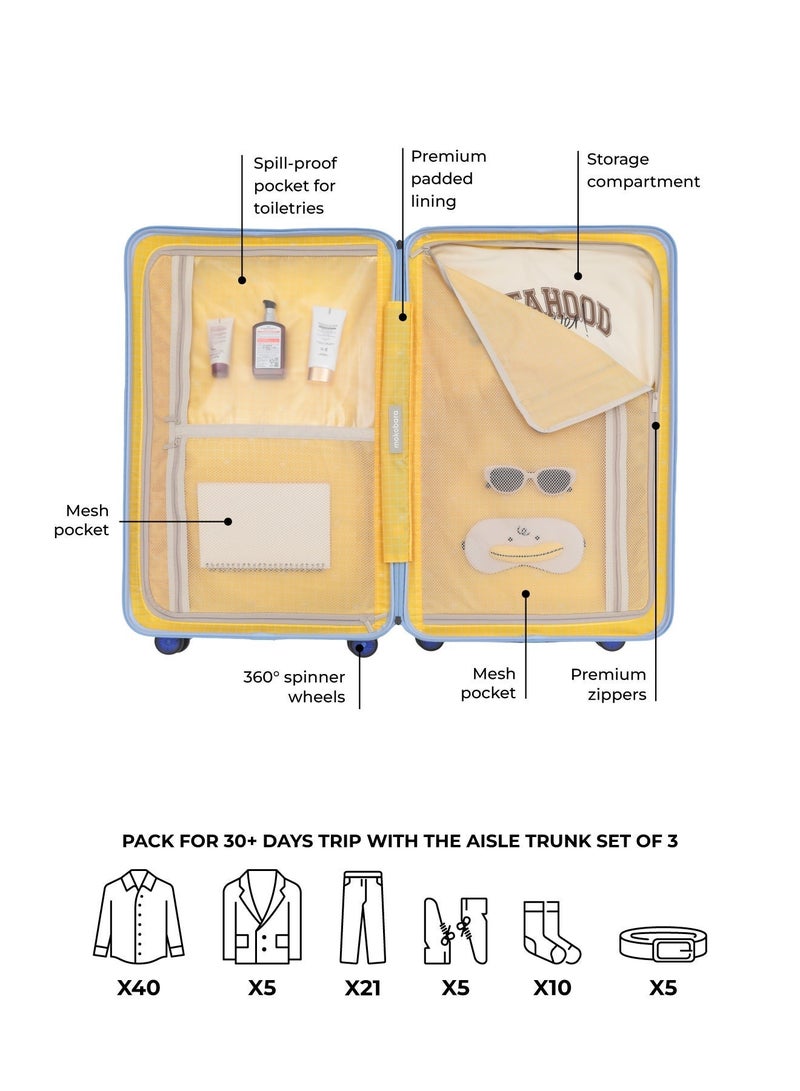 Mokobara Aisle Trunk Luggage Set of 3 | Cabin 40L + Check-in 70L + Large 105L | Makrolon Hardshell | TSA Lock, YKK Zippers & Ninja Wheels | Blue (Shy Blue) - Image 5