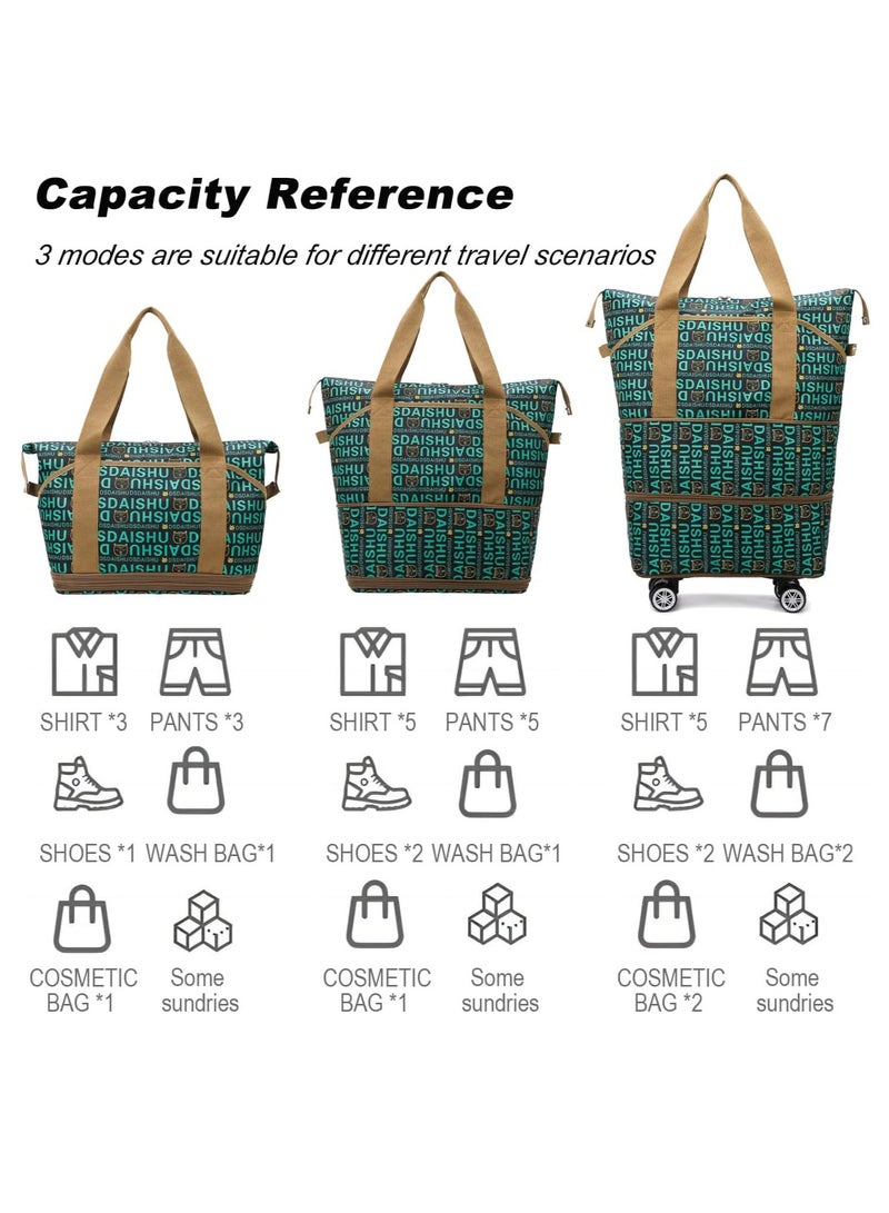 DUNISO حقائب سفر بعجلات، حقيبة دفتالة قابلة للتوسيع وقابلة للطي مع حزام كتف، عجلات قابلة للفصل، حقيبة دفتالة بعجلات، أمتعة محمولة (أخضر/أسود/بني) - Image 5