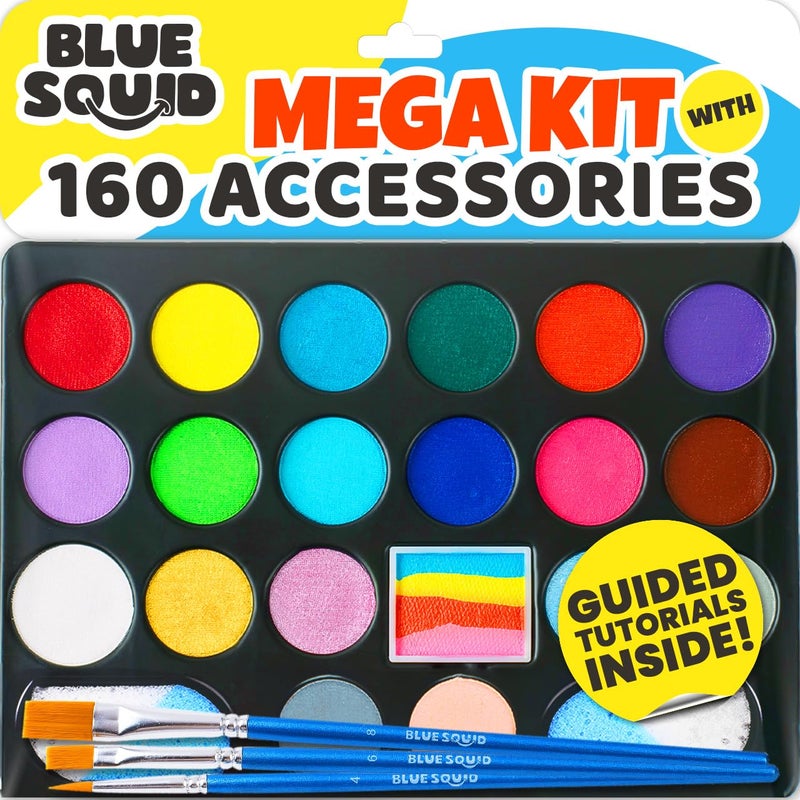 Face Painting Kit for Kids  28 Colors  Blue Squid Face Paint Kit Palette with 160pc accessories  Stencils Water Activated Non Toxic Washable Professional Facepaint body set Halloween Party Makeup