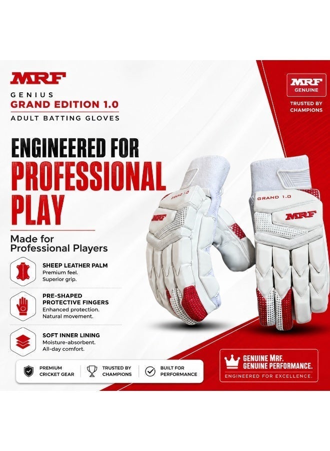 MRF Genius Grand Edition 1.0 Cricket Batting Gloves - Mens Left-Hand Adult Size with Pre-Curved Fingers - Image 1
