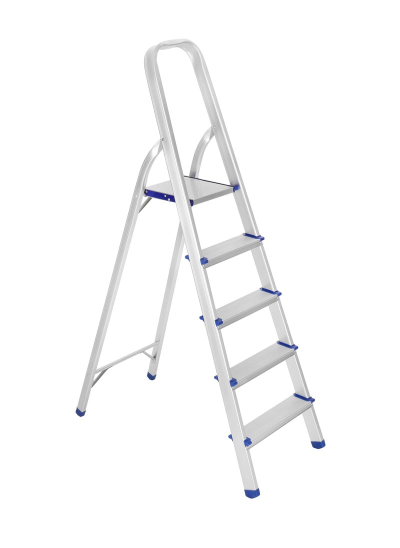 GEEPAS Geepas Aluminum Household Ladder| 150 kg Capacity, 5-steps| Wide and Flat Platform, Anti-Slip Feet| Perfect for Home, Apartments| GT59484 Silver  - Image 1