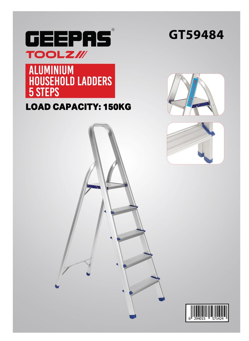GEEPAS Geepas Aluminum Household Ladder| 150 kg Capacity, 5-steps| Wide and Flat Platform, Anti-Slip Feet| Perfect for Home, Apartments| GT59484 Silver  - Image 5