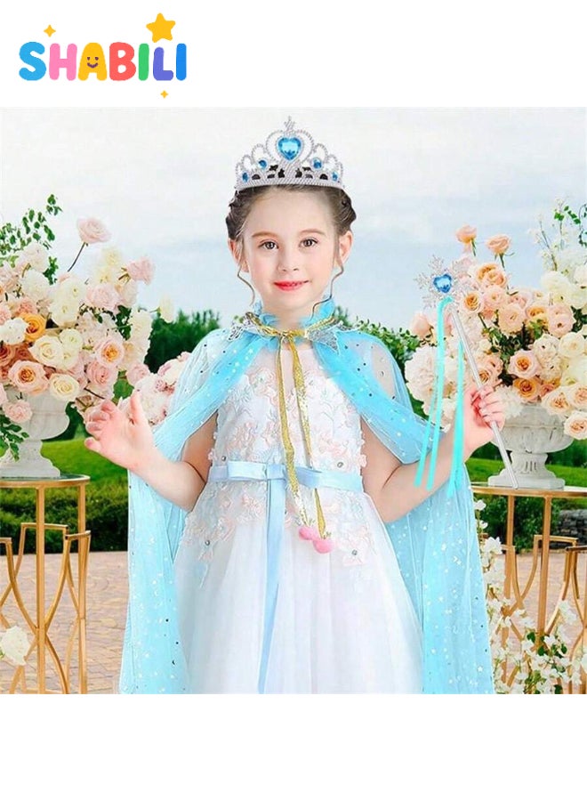 شبيلي مجموعة تنكر أميرة للبنات ١١ قطعة مع عباءة وتاج وعصا ومجوهرات وقفازات وخاتم وحقيبة، ملابس لعب أدوار وتنكر، هدية عيد ميلاد لعمر ٣–٧ سنوات وتناسب طول ٩٠–١٢٠ سم (أزرق) - Image 2