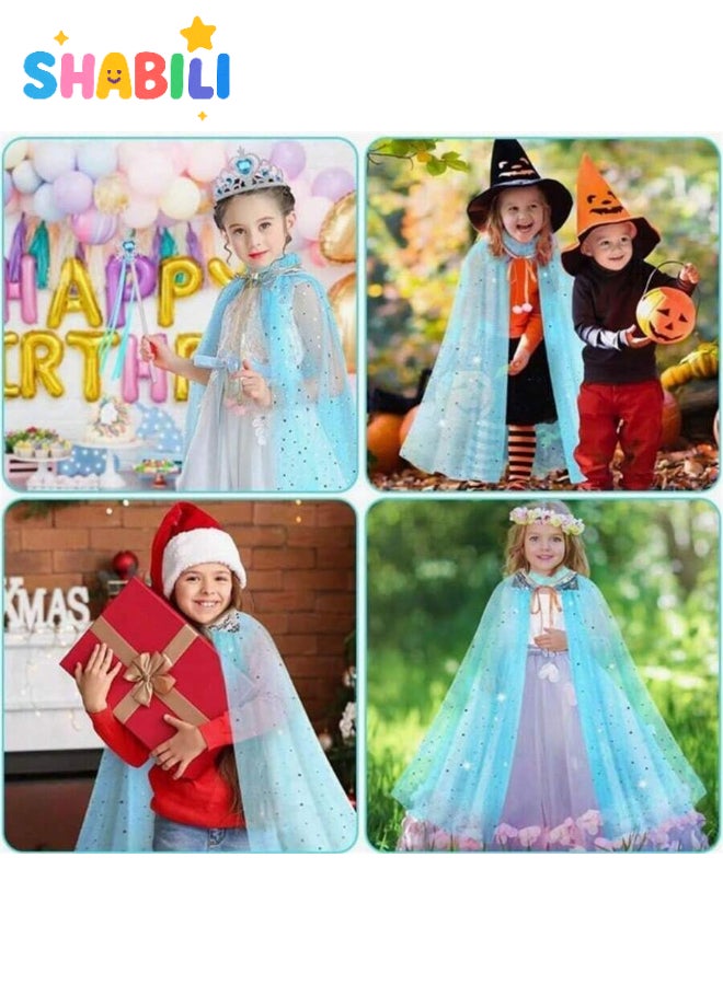 شبيلي مجموعة تنكر أميرة للبنات ١١ قطعة مع عباءة وتاج وعصا ومجوهرات وقفازات وخاتم وحقيبة، ملابس لعب أدوار وتنكر، هدية عيد ميلاد لعمر ٣–٧ سنوات وتناسب طول ٩٠–١٢٠ سم (أزرق) - Image 3