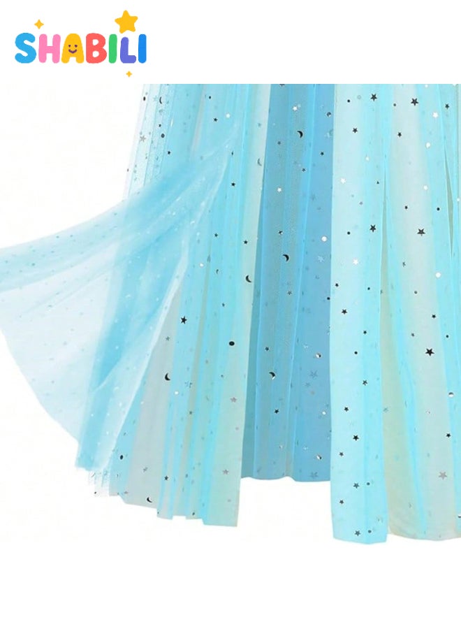 شبيلي مجموعة تنكر أميرة للبنات ١١ قطعة مع عباءة وتاج وعصا ومجوهرات وقفازات وخاتم وحقيبة، ملابس لعب أدوار وتنكر، هدية عيد ميلاد لعمر ٣–٧ سنوات وتناسب طول ٩٠–١٢٠ سم (أزرق) - Image 4