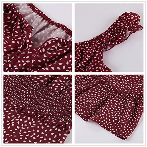 YOBECHO Womens Summer Ruffle Sleeve Sweetheart Neckline Printing Dress Mini Dresses Wine Red - Image 4