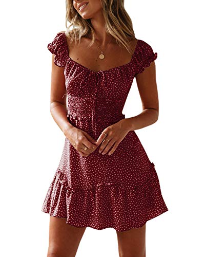 YOBECHO Womens Summer Ruffle Sleeve Sweetheart Neckline Printing Dress Mini Dresses Wine Red - Image 1