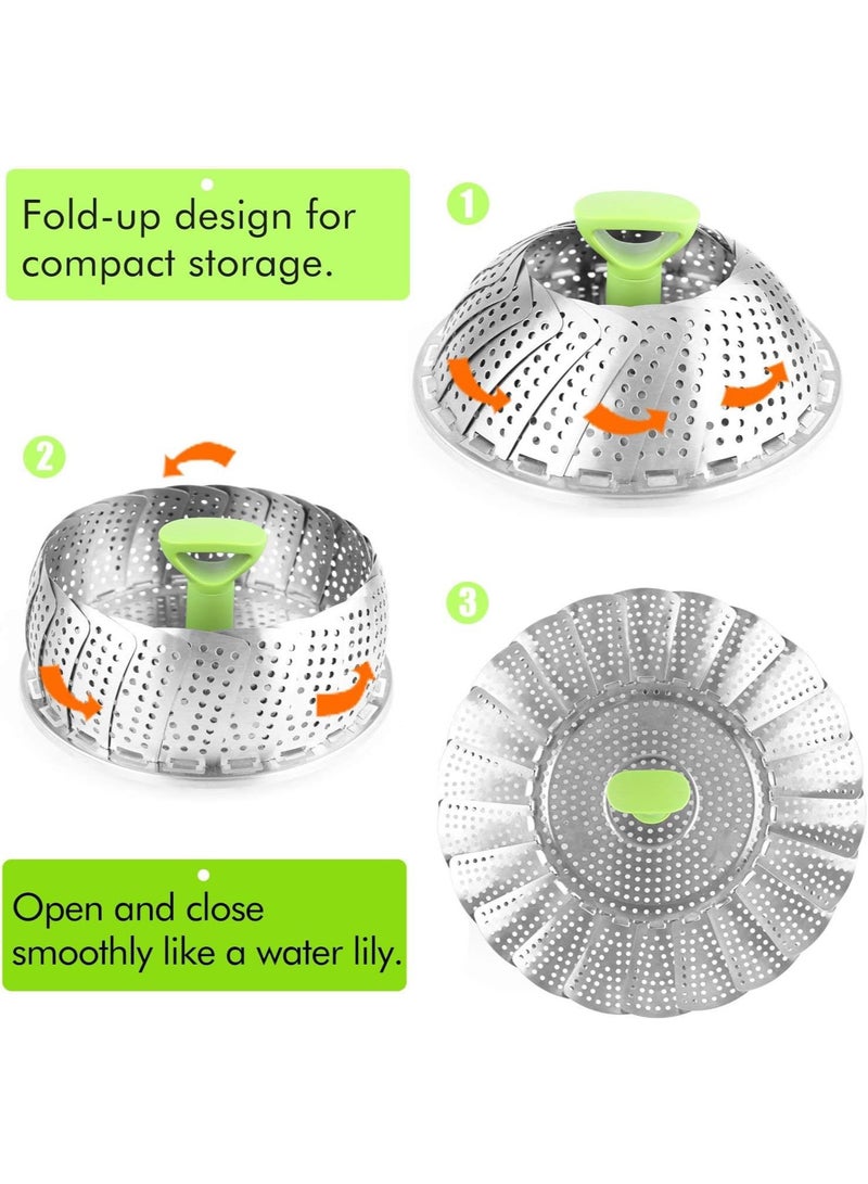 LENND Vegetable Steamer Basket for Cooking Food, Stainless Steel Veggie Steam Basket for Pot, Folding Expandable Steaming Insert with Extendable Handle Fits Various Size Pot, 13-23cm - Image 3