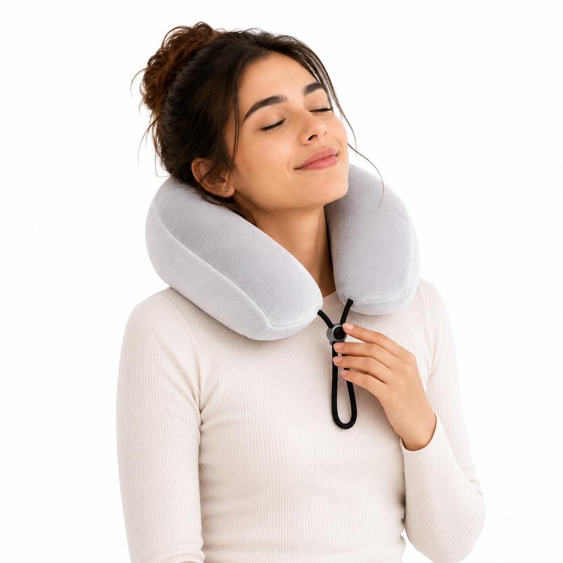 Travel Neck Pillow, Memory Foam Neck Pillow with Removable Washable Premium Velvet Cover for Easy Cleaning (Gray) - Image 1