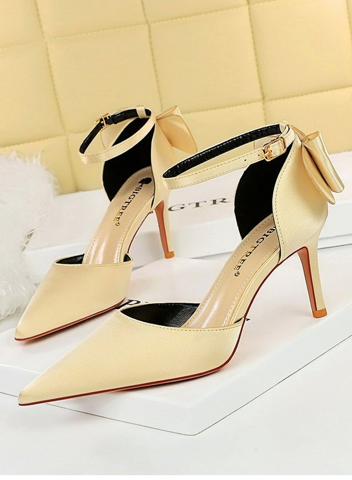 BIGTREE Women's Closed Pointed Toe 8 CM High Heels with Bow Knot Ankle Strap Satin Stiletto Pumps Light Gold