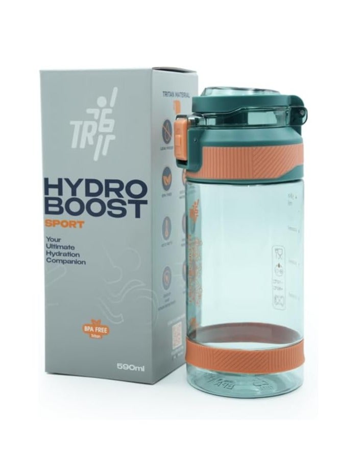 TR6 Hydra Boost Sport Clear Gym Water Bottle 580ml BPA Free Leak Proof Flip Lock Lid Temp Resistance 10°C to 80°C Carry holder Hydration Bottle for Fitness Office Travel School & Daily use. (Turqoise Blue, 580ml)