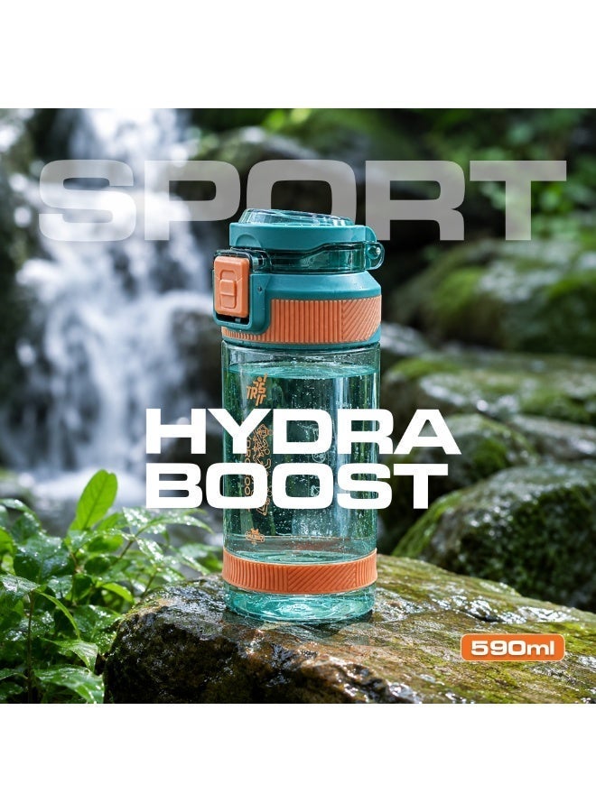 TR6 زجاجة مياه رياضية شفافة TR6 Hydra Boost سعة 590مل، خالية من مادة BPA، مقاومة للتسرب، بغطاء قابل للقفل، مقاومة للحرارة من 10 إلى 80 درجة مئوية، مزودة بحامل، مناسبة للرياضة والمكتب والسفر والمدرسة والاستخدام اليومي. (أزرق فيروزي، 580 مل) - Image 2