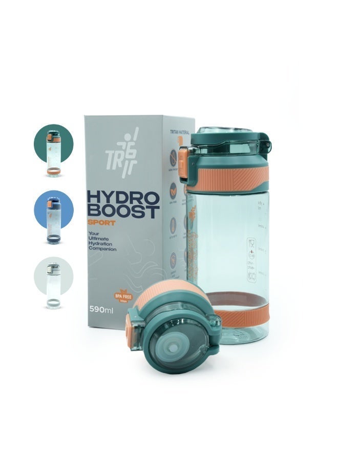 TR6 زجاجة مياه رياضية شفافة TR6 Hydra Boost سعة 590مل، خالية من مادة BPA، مقاومة للتسرب، بغطاء قابل للقفل، مقاومة للحرارة من 10 إلى 80 درجة مئوية، مزودة بحامل، مناسبة للرياضة والمكتب والسفر والمدرسة والاستخدام اليومي. (أزرق فيروزي، 580 مل) - Image 1