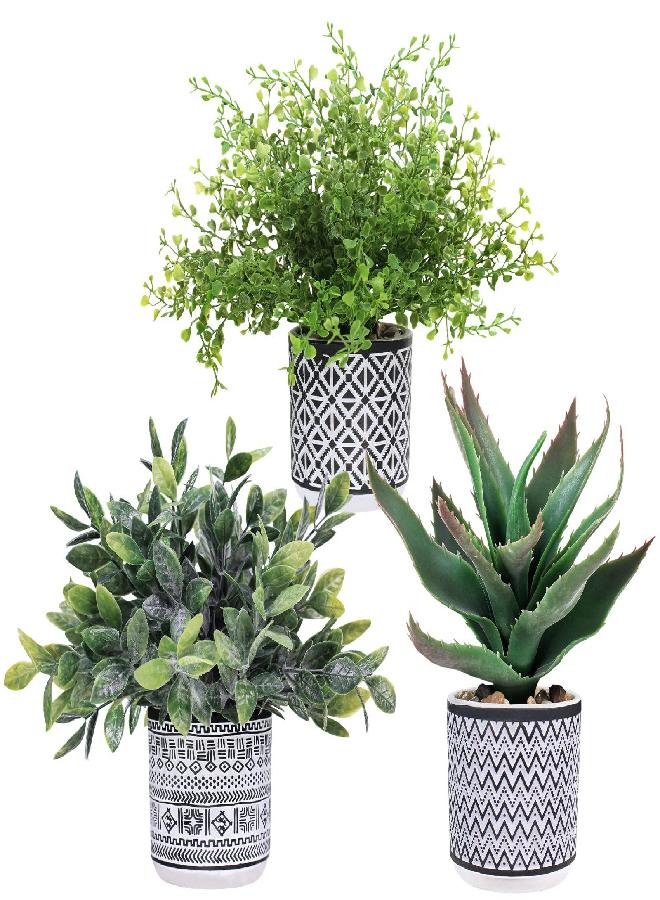 Winlyn Set of 3 Assorted Small Potted Plants Fake Eucalyptus Boxwood Plants Aloe Succulent Plant in Black and White Geometric Pots for Table Centerpiece Windowsill Shelf Indoor Outdoor Garden Greenery Decor  - Image 1